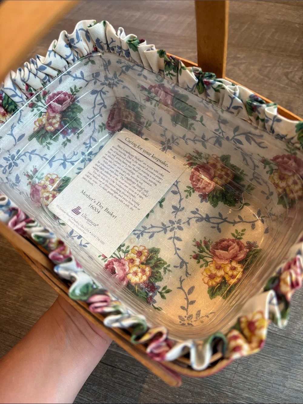 Longaberger Mother's Day Basket Brown 1993 Floral Liner & Protector